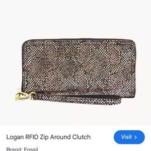 Fossil Black Metallic Snake-Embossed Zip Clutch
